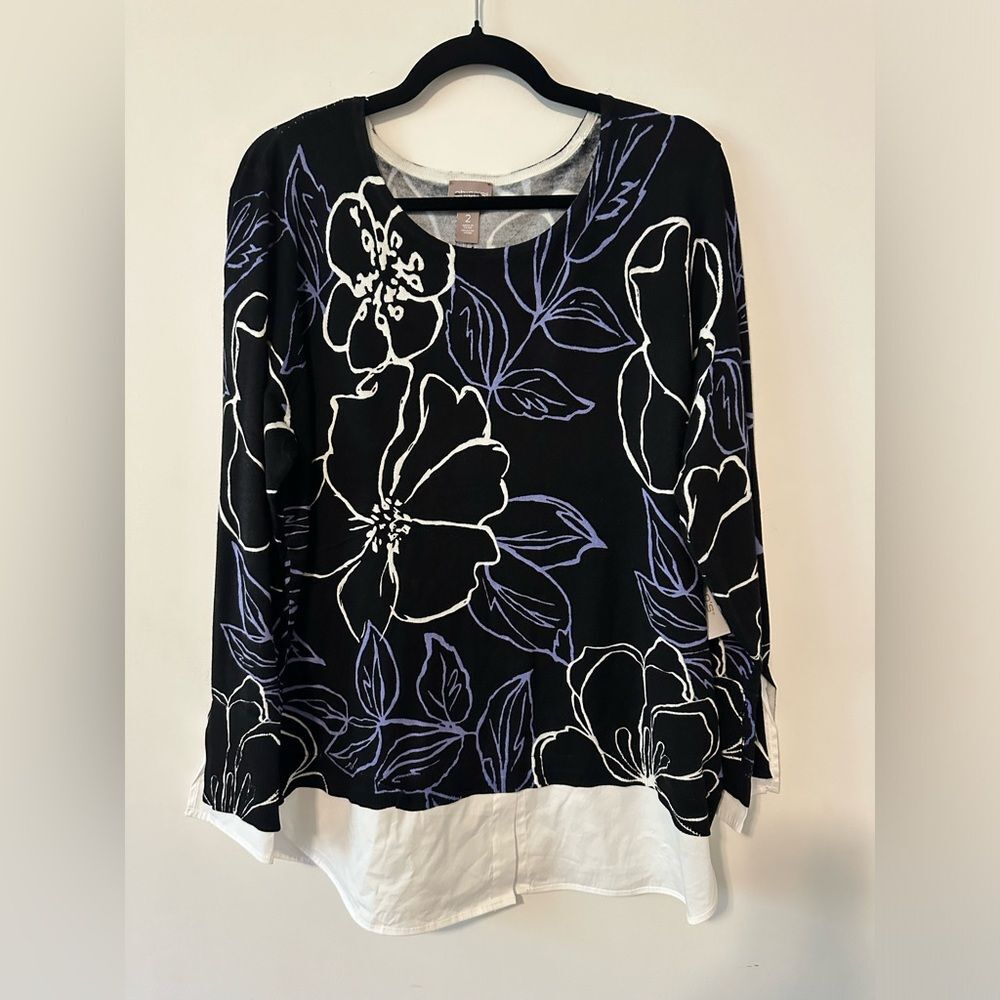 Chico’s Wildflower Scoop Neck Top SZ 2 Long Sleeve Twofer Pullover Color Black